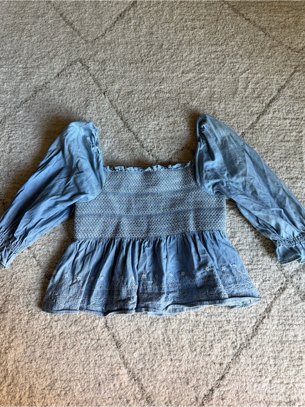 American Eagle Denim Embroidered Smocked Top Size M